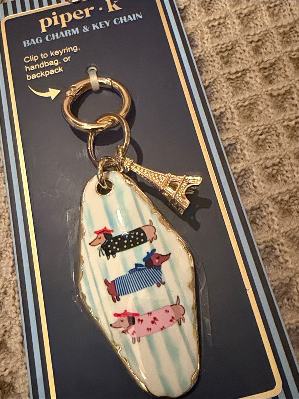piper•k Gold Eiffel Tower Dachshund Key Chain - Cream & Pastel Stripe NWT